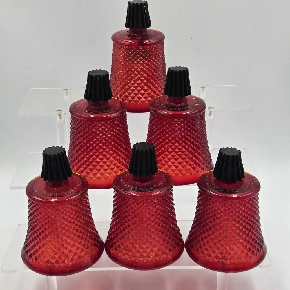 6 Vtg Will & Baumer Ruby Red Diamond Point Glass Peg Votive Candle Holder MCM